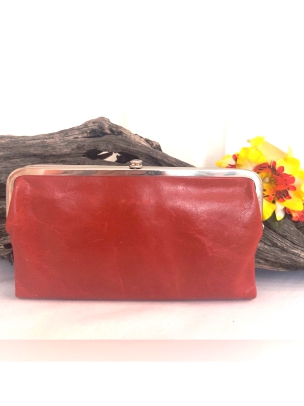 HOBO ~ Long Rust Color Leather Wallet w/Snap & Magnetic Closures Floral Interior